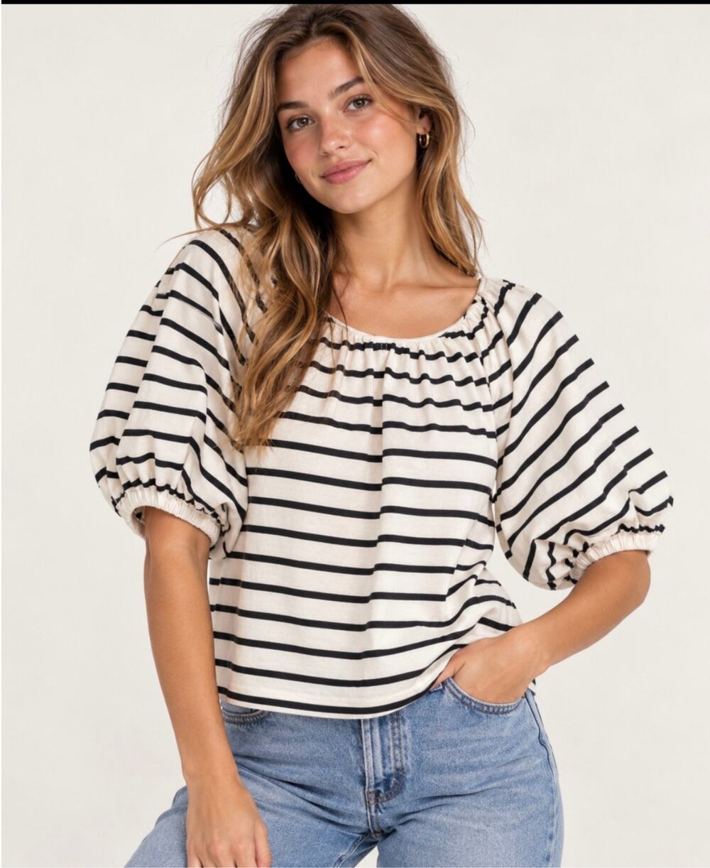 J. Crew Striped Off Shoulder Puff Sleeve Top Preppy Casual Size Large
